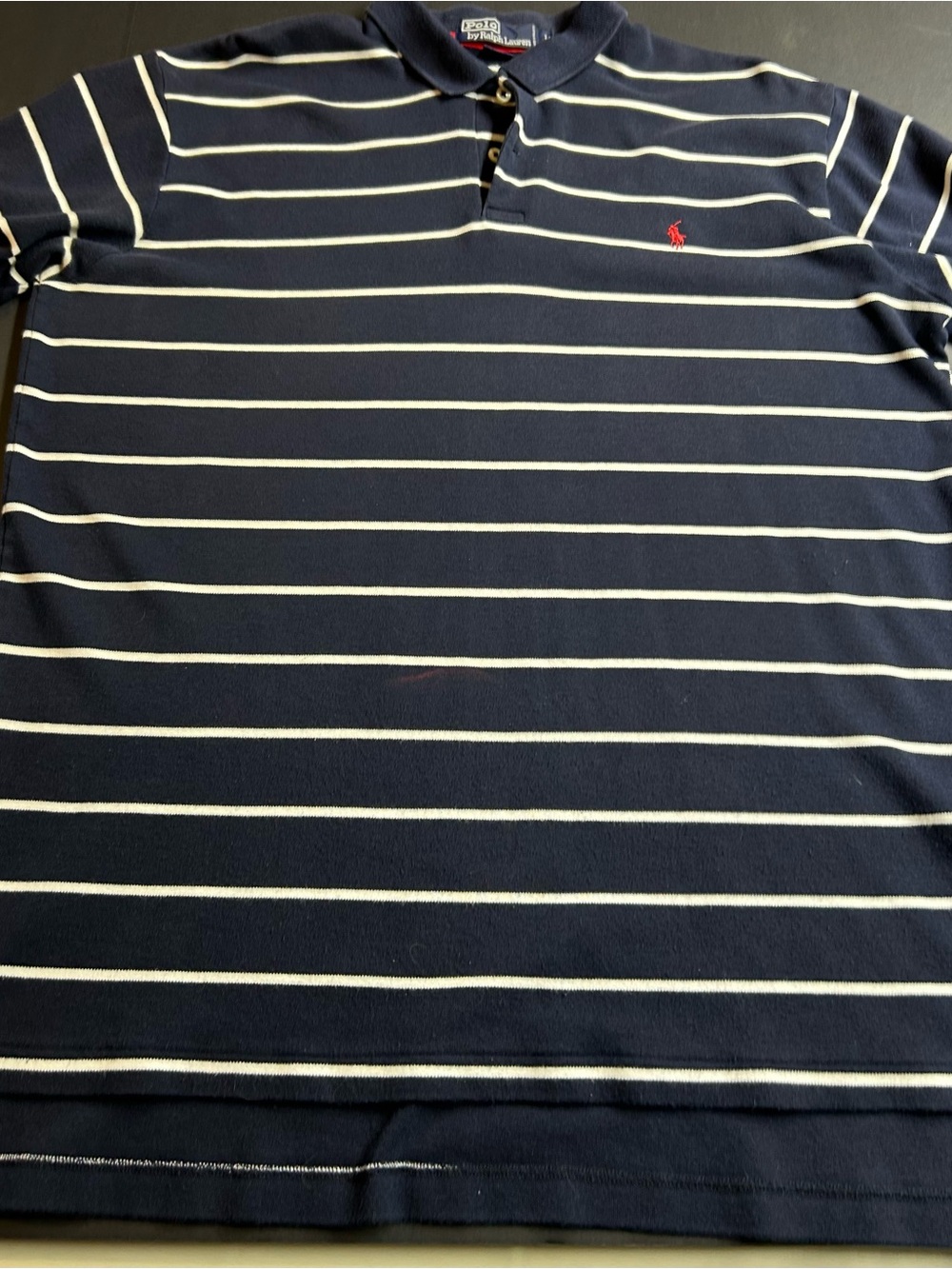Ralph Lauren Navy and White Striped Polo with‎ Red Pony